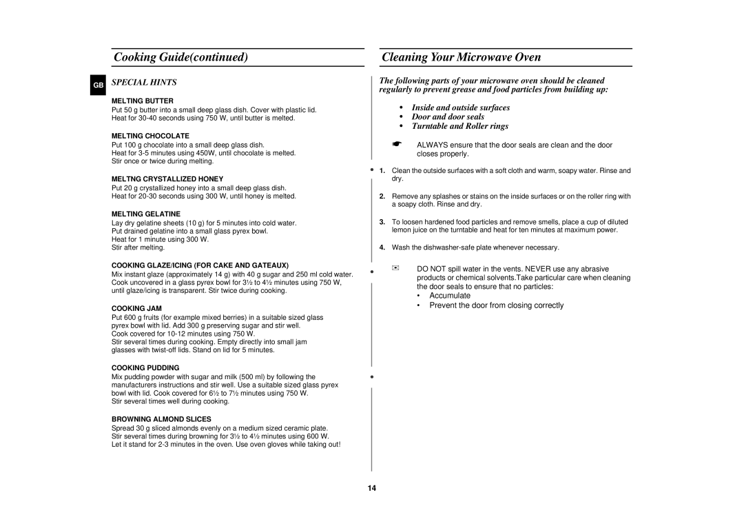 Samsung M1618N/DOR manual Cleaning Your Microwave Oven, Special Hints 