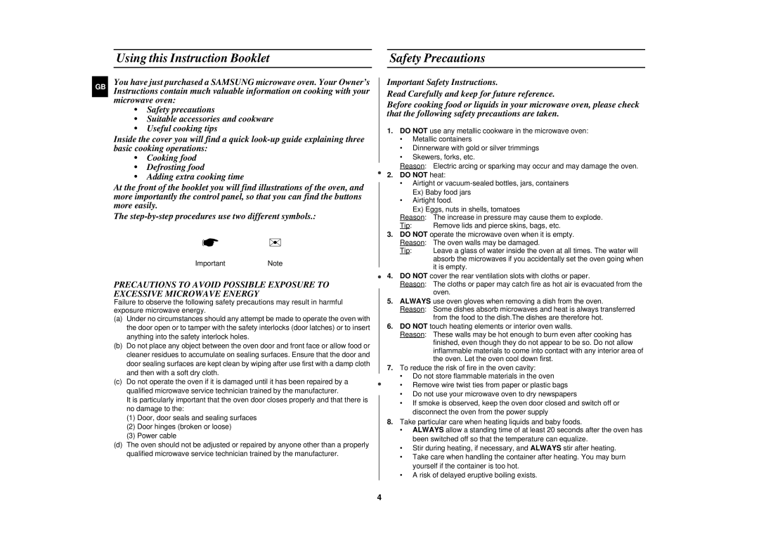 Samsung M1618N/DOR manual Using this Instruction Booklet, Safety Precautions, Do not heat 