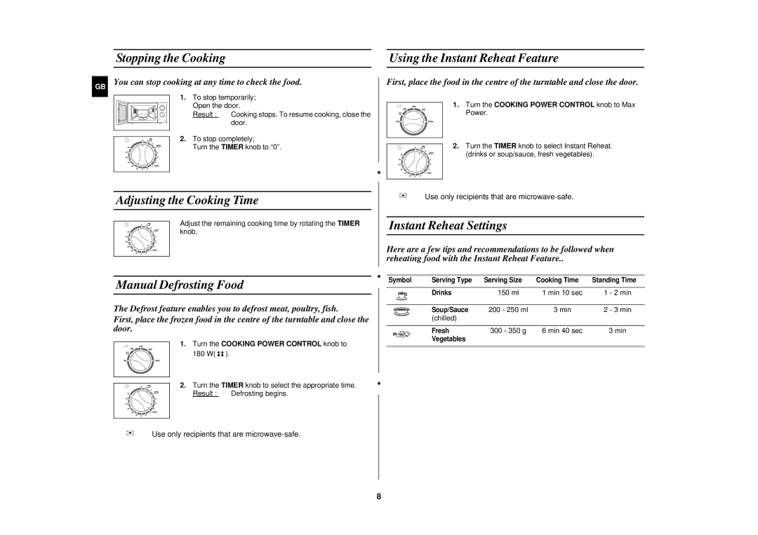 Samsung M1618N/DOR manual Stopping the Cooking Using the Instant Reheat Feature, Adjusting the Cooking Time 