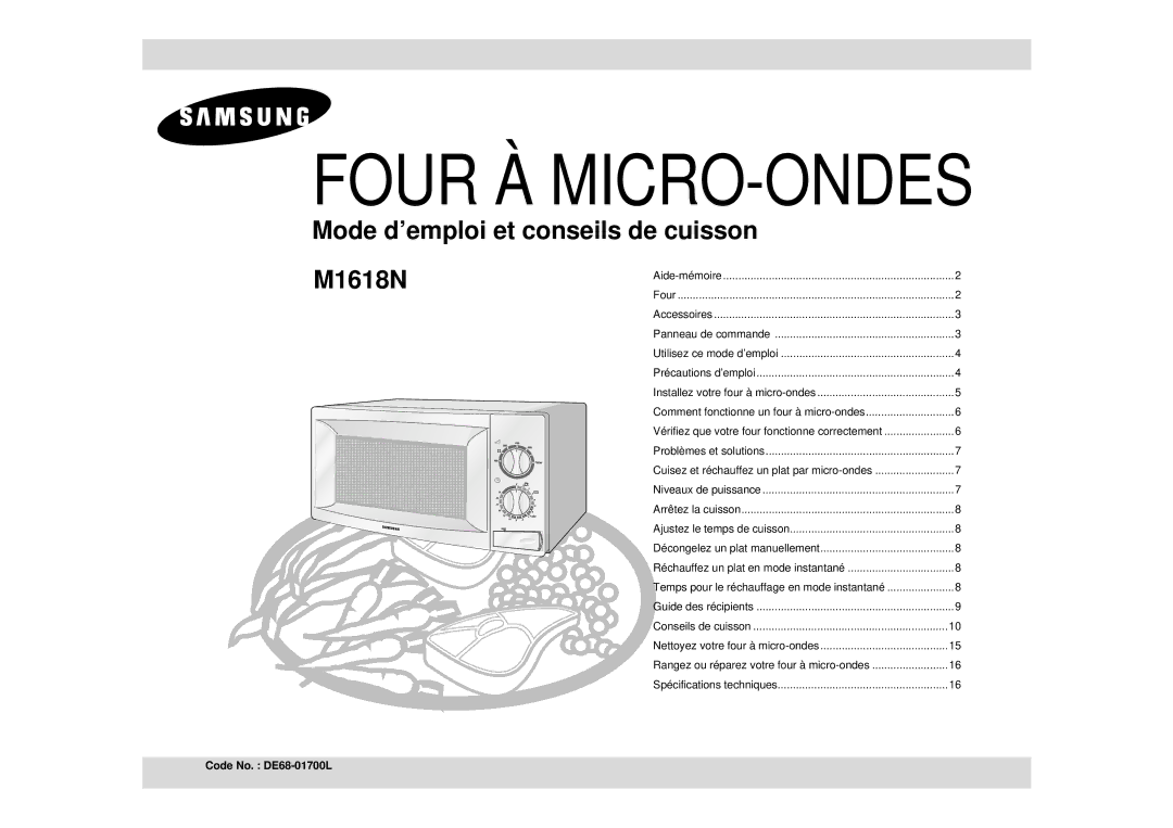 Samsung M1618N/XEF manual Four À MICRO-ONDES, Code No. DE68-01700L 