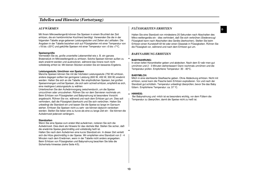 Samsung M1618N/XEG manual Aufwärmen, Flüssigkeiten Erhitzen, Babynahrung Erhitzen, Speisengröße 