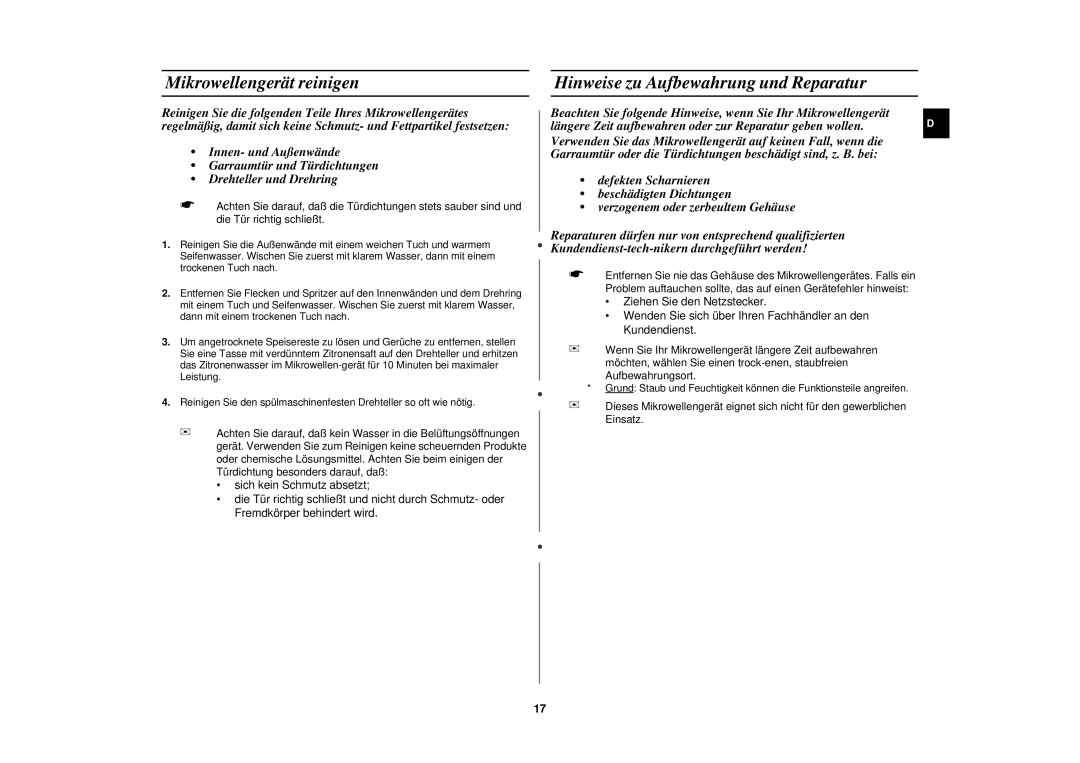 Samsung M1618N/XEG manual Mikrowellengerät reinigen, Hinweise zu Aufbewahrung und Reparatur 