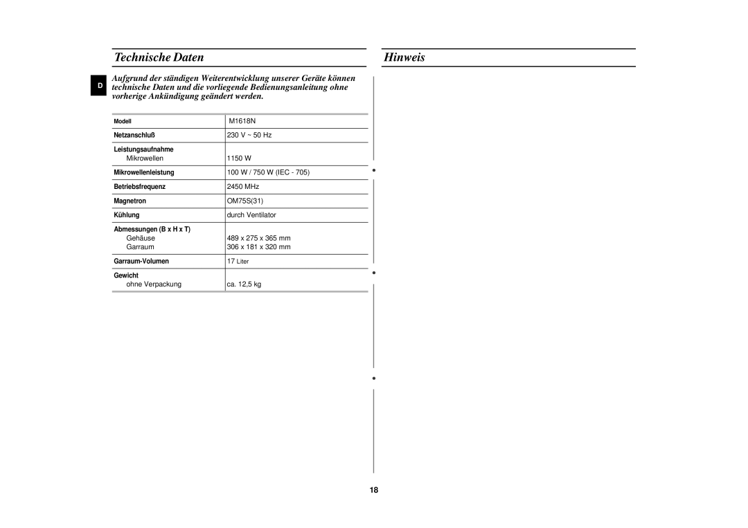 Samsung M1618N/XEG manual Technische DatenHinweis 