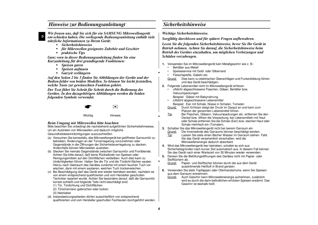 Samsung M1618N/XEG manual Hinweise zur Bedienungsanleitungt, Sicherheitshinweise 