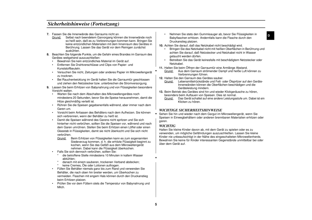 Samsung M1618N/XEG manual Sicherheitshinweise Fortsetzung, Wichtige Sicherheitshinweise 