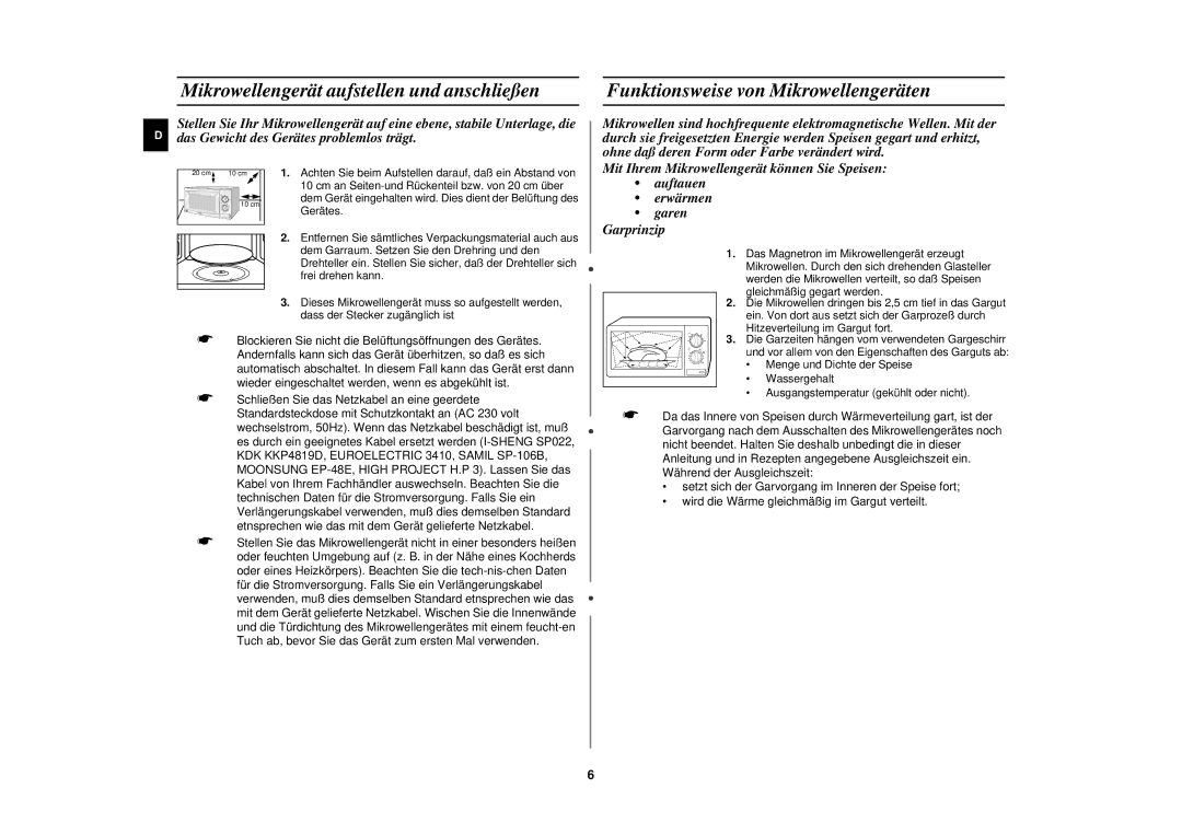 Samsung M1618N/XEG manual Mikrowellengerät aufstellen und anschließen, Funktionsweise von Mikrowellengeräten 