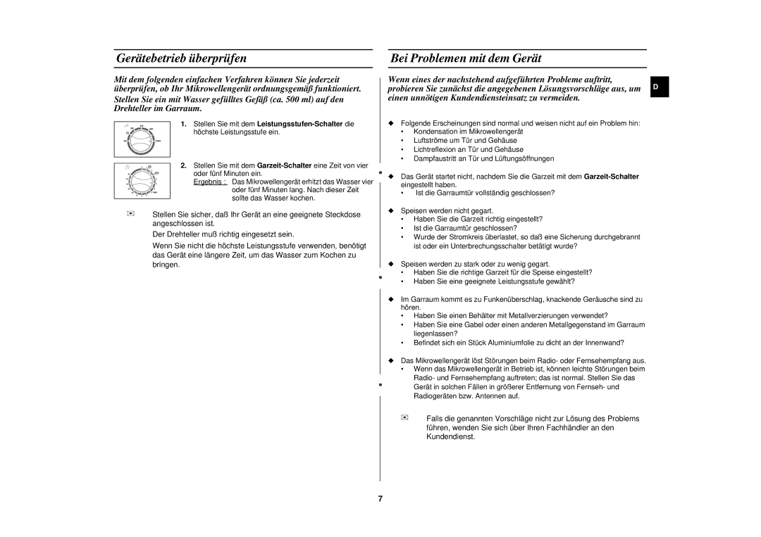 Samsung M1618N/XEG manual Gerätebetrieb überprüfen, Bei Problemen mit dem Gerät 