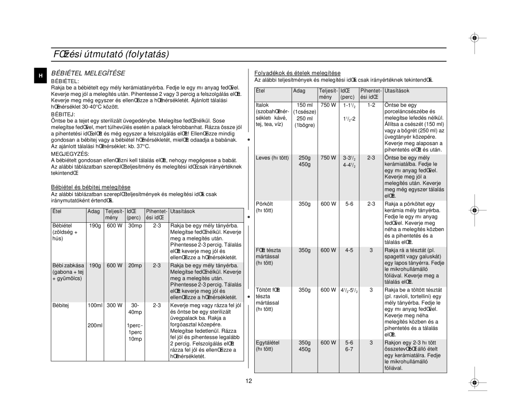 Samsung M1618N/XEH manual Bébiétel Melegítése, Bébitej, Megjegyzés 