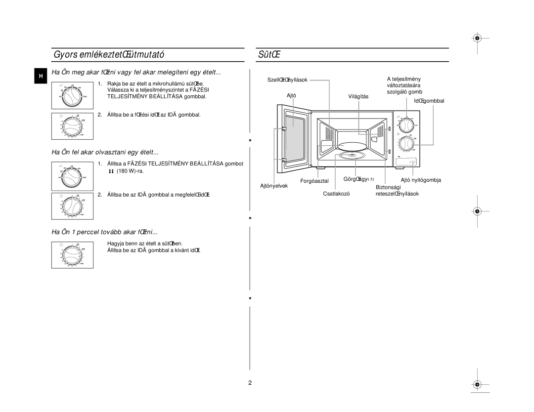 Samsung M1618N/XEH manual Gyors emlékeztetŒ útmutató, SütŒ, Teljesítmény Beállítása gombbal 