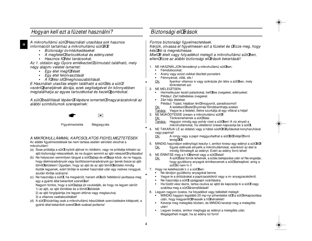 Samsung M1618N/XEH Hogyan kell ezt a füzetet használni?, Biztonsági elŒírások, Mikrohullámmal Kapcsolatos Figyelmeztetések 