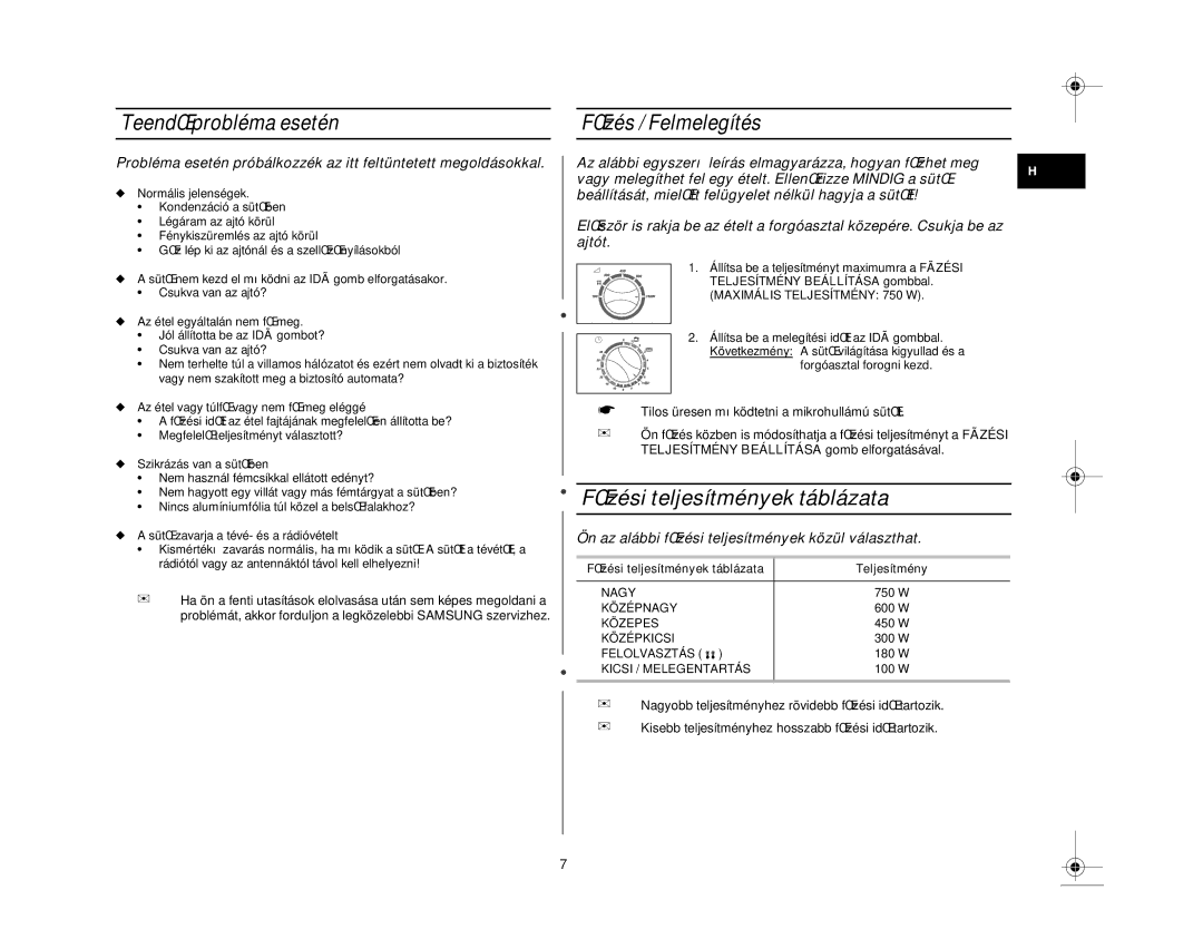 Samsung M1618N/XEH manual FŒzési teljesítmények táblázata, TeendŒ probléma esetén, FŒzés / Felmelegítés, Teljesítmény 