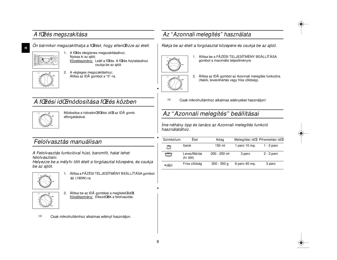 Samsung M1618N/XEH manual FŒzési idŒ módosítása fŒzés közben, Felolvasztás manuálisan, Az Azonnali melegítés beállításai 