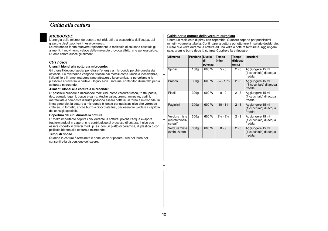 Samsung M1618N/XET manual Guida alla cottura, Microonde, Cottura 