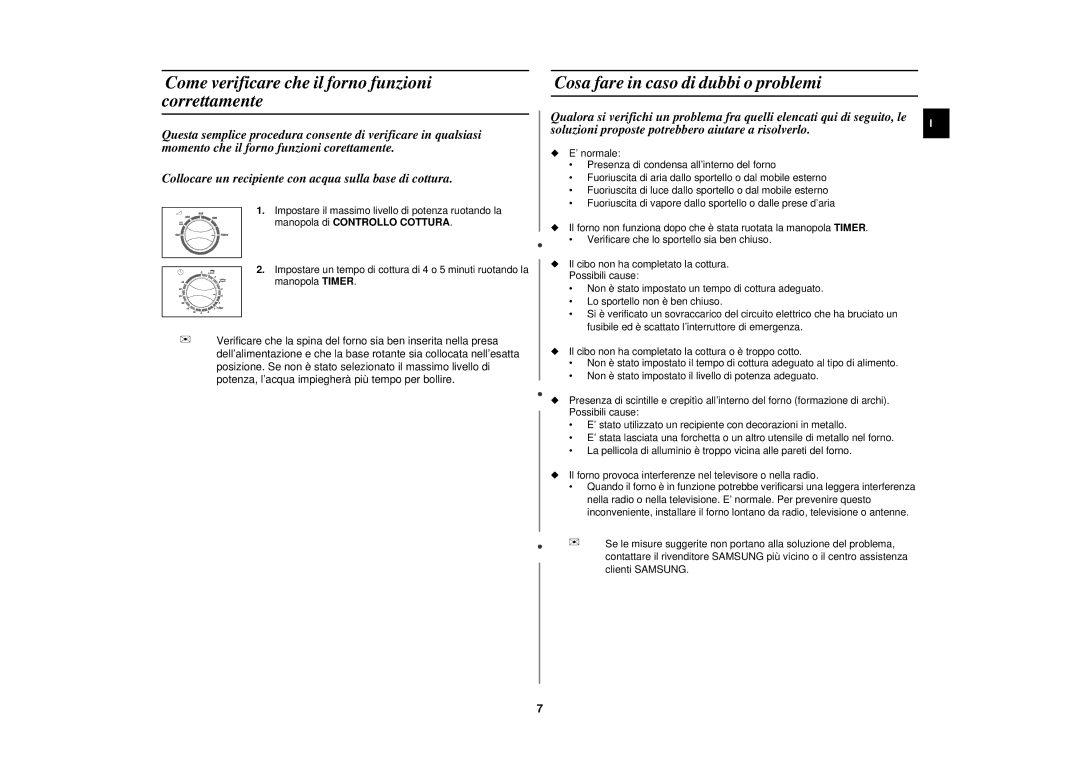 Samsung M1618N/XET manual Come verificare che il forno funzioni correttamente, Cosa fare in caso di dubbi o problemi 