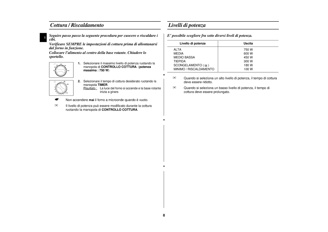 Samsung M1618N/XET manual Cottura / Riscaldamento Livelli di potenza, Livello di potenza Uscita 