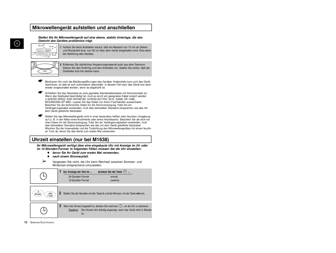 Samsung M1618/XEG Mikrowellengerät aufstellen und anschließen, Uhrzeit einstellen nur bei M1638, Zur Anzeige der Zeit im 