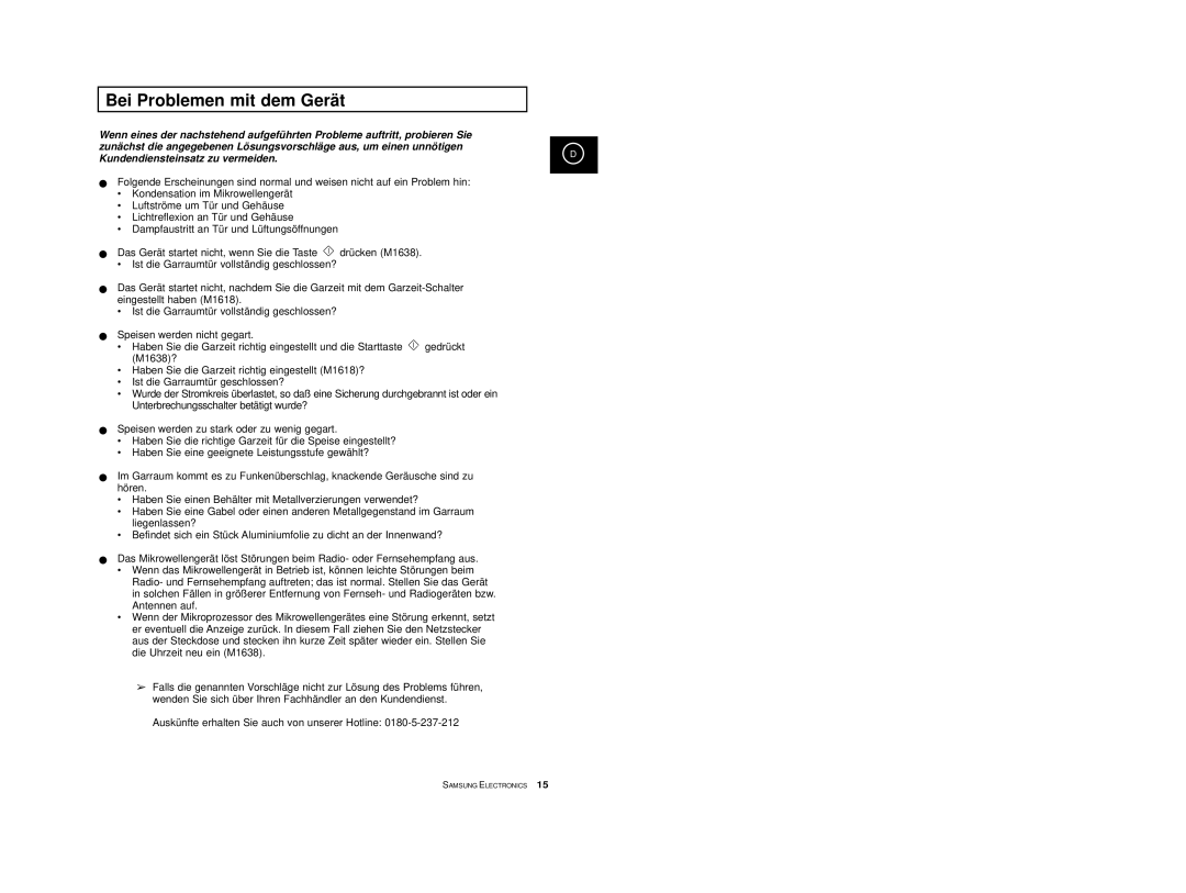 Samsung M1618-U/XEG, M1618/XEG manual Bei Problemen mit dem Gerät, Kundendiensteinsatz zu vermeiden 