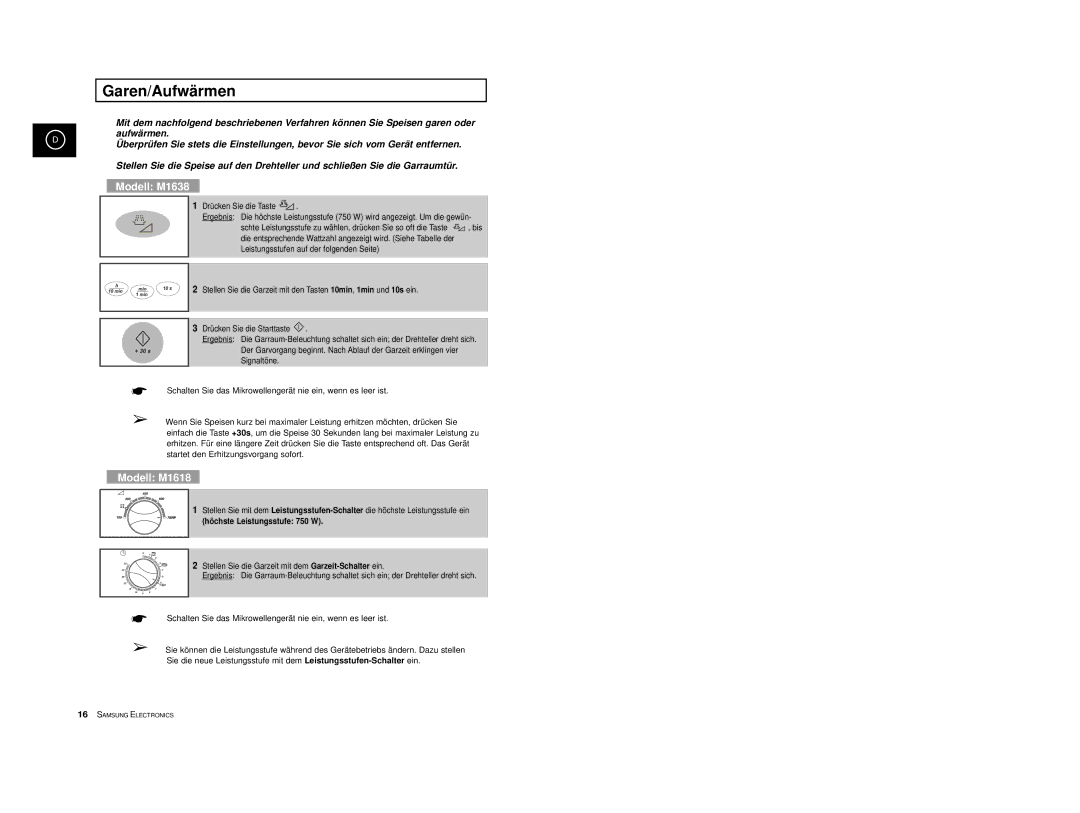 Samsung M1618/XEG, M1618-U/XEG manual Garen/Aufwärmen, Höchste Leistungsstufe 750 W 