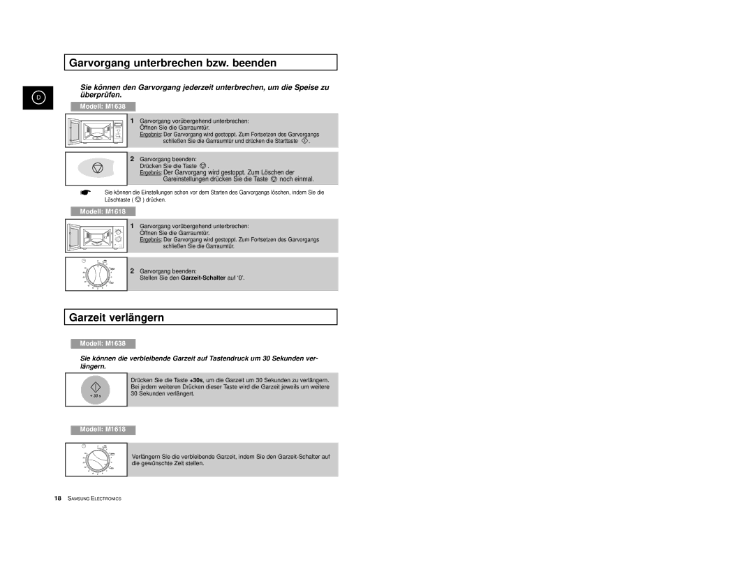 Samsung M1618/XEG, M1618-U/XEG manual Garvorgang unterbrechen bzw. beenden, Garzeit verlängern 