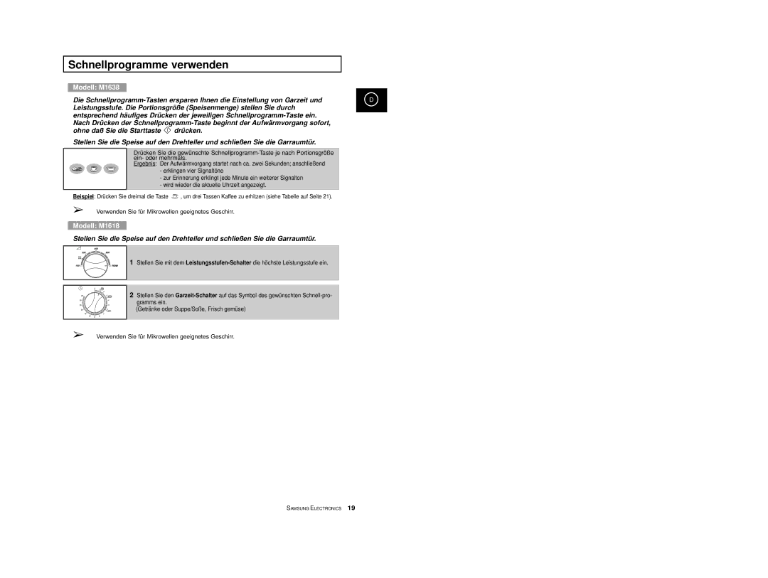 Samsung M1618-U/XEG, M1618/XEG manual Schnellprogramme verwenden, Modell M1638 