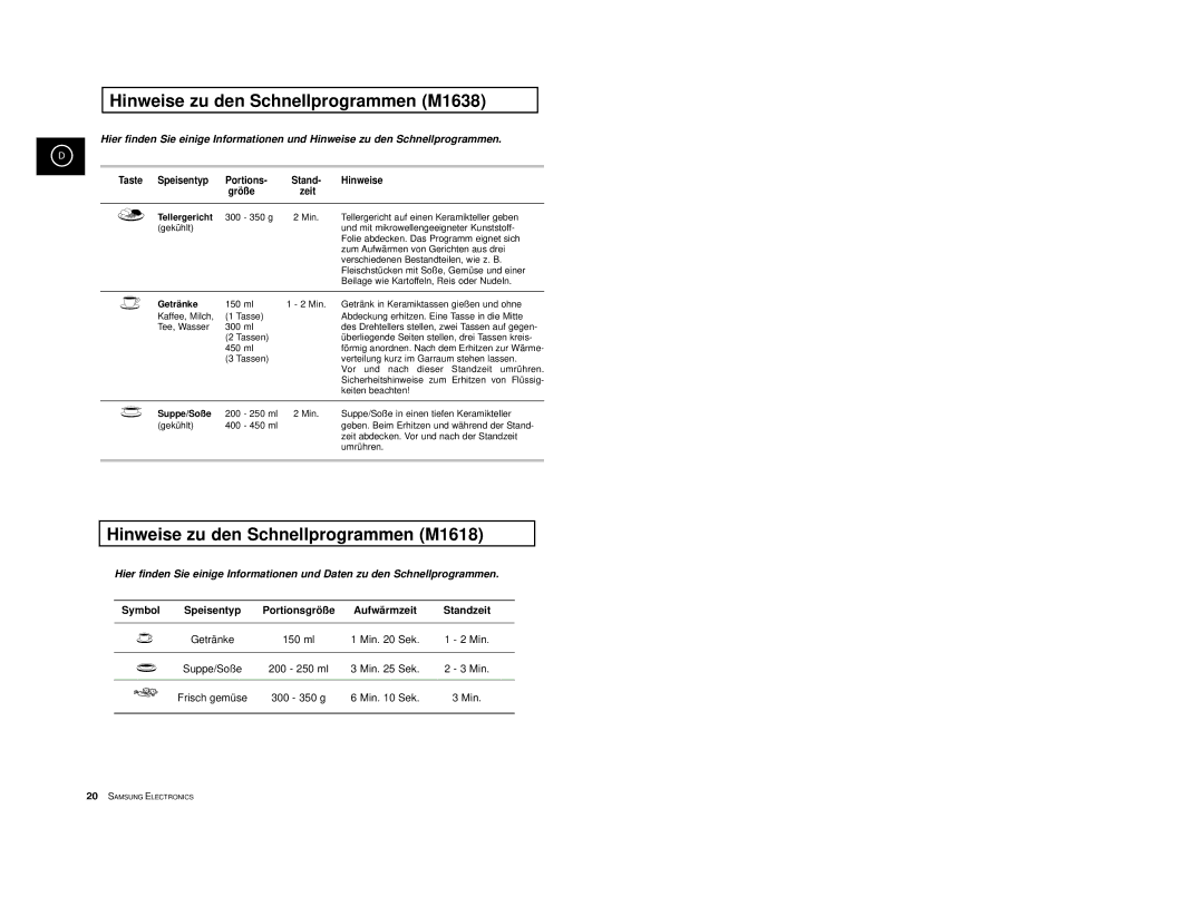 Samsung M1618/XEG, M1618-U/XEG manual Hinweise zu den Schnellprogrammen M1638, Hinweise zu den Schnellprogrammen M1618 