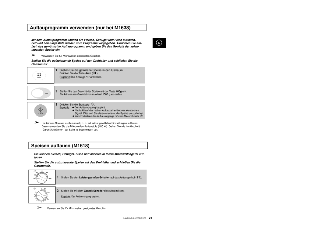 Samsung M1618-U/XEG, M1618/XEG manual Auftauprogramm verwenden nur bei M1638, Speisen auftauen M1618 