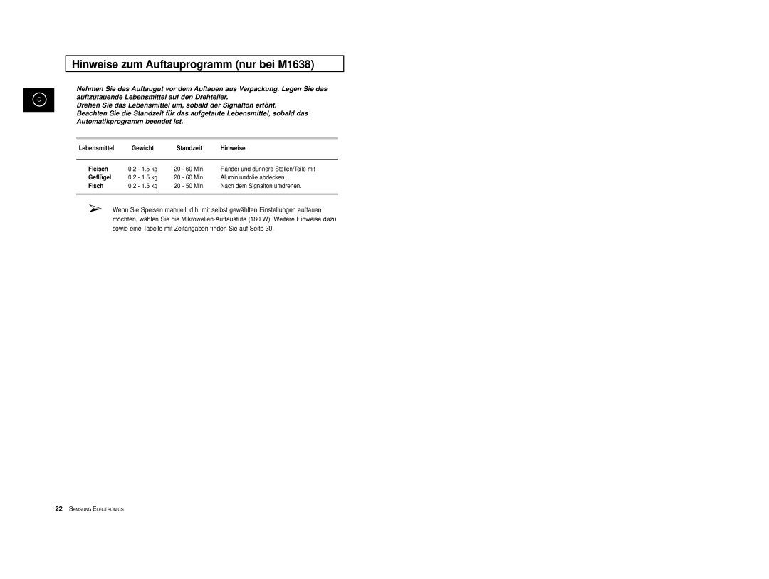 Samsung M1618/XEG, M1618-U/XEG manual Hinweise zum Auftauprogramm nur bei M1638, Fisch 