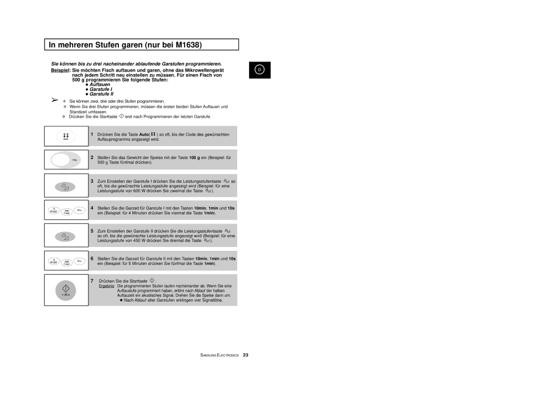 Samsung M1618-U/XEG, M1618/XEG manual Mehreren Stufen garen nur bei M1638, Auftauen Garstufe 