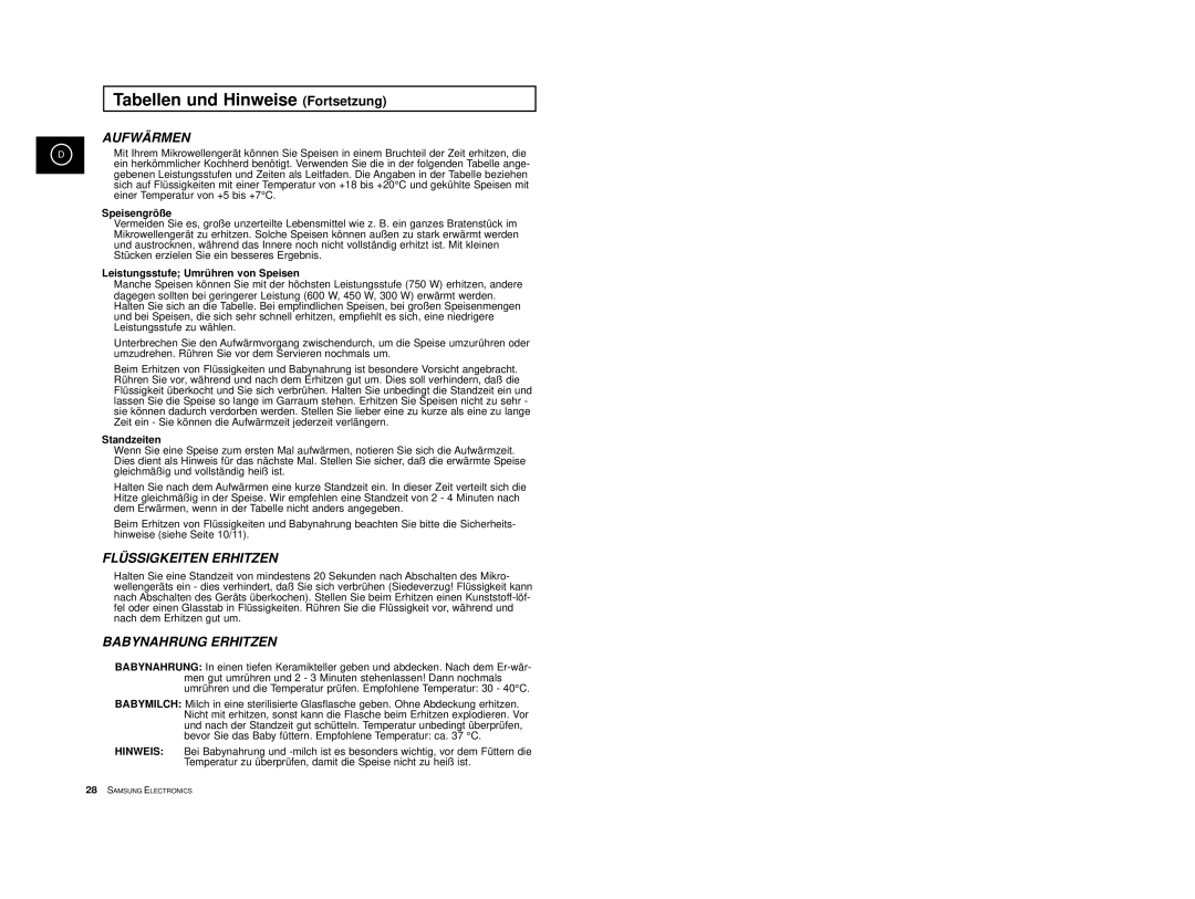 Samsung M1618/XEG, M1618-U/XEG manual Speisengröße, Leistungsstufe Umrühren von Speisen 