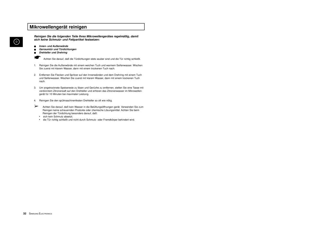 Samsung M1618/XEG, M1618-U/XEG manual Mikrowellengerät reinigen 