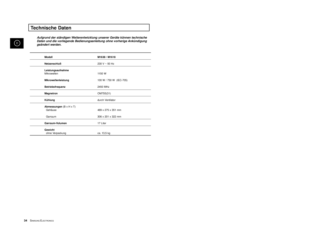 Samsung M1618/XEG, M1618-U/XEG manual Technische Daten 