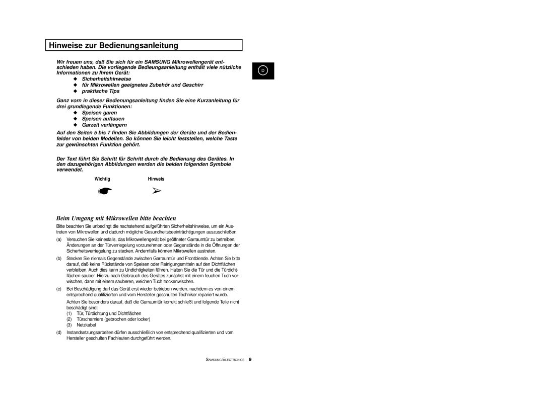 Samsung M1618-U/XEG, M1618/XEG manual Hinweise zur Bedienungsanleitung, WichtigHinweis 