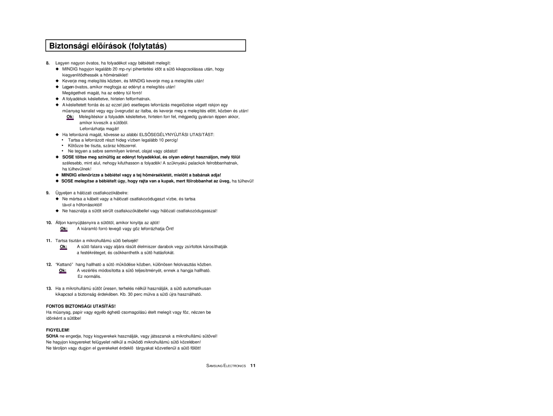 Samsung M1618/XEH manual Biztonsági elõírások folytatás, Fontos Biztonsági Utasítás 