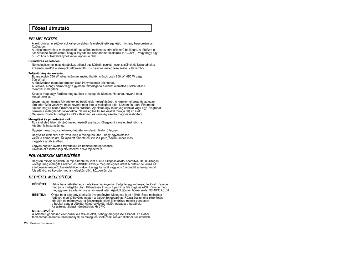 Samsung M1618/XEH manual Elrendezés és lefedés, Teljesítmény és keverés, Melegítési és pihentetési idõk 