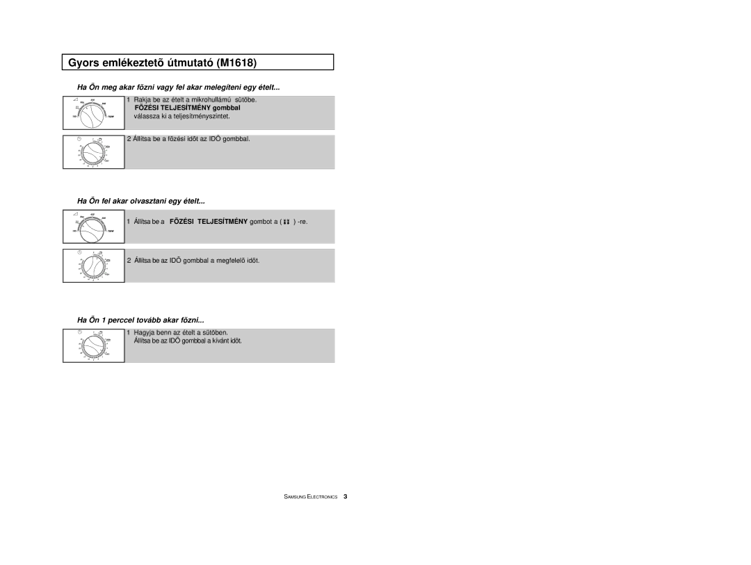 Samsung M1618/XEH manual Gyors emlékeztetõ útmutató M1618, Fõzési Teljesítmény gombbal 