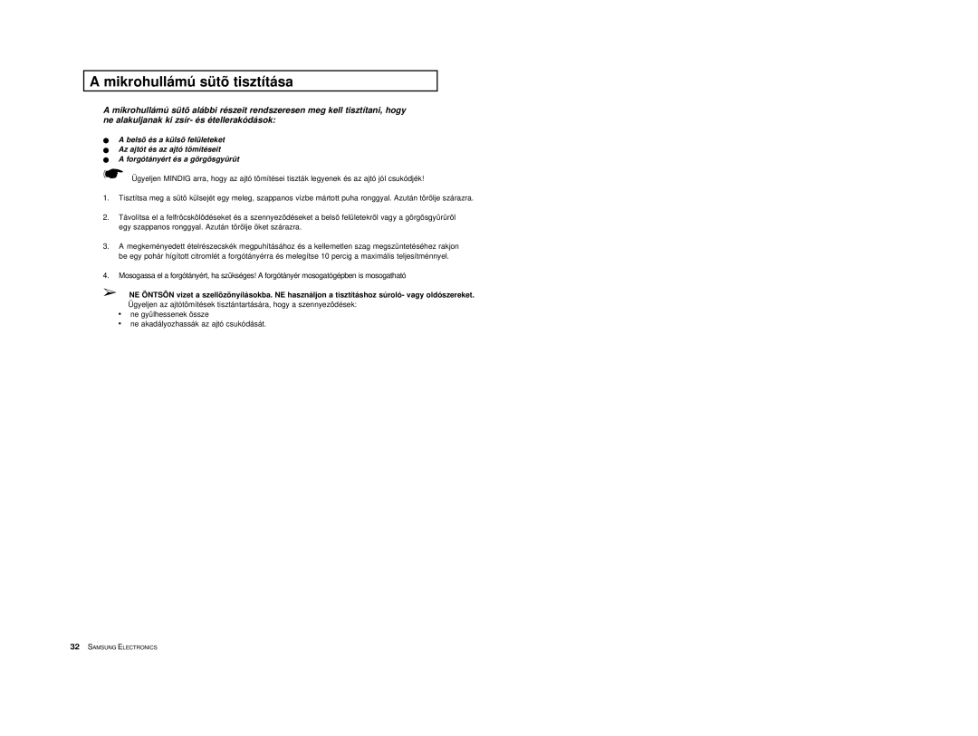 Samsung M1618/XEH manual Mikrohullámú sütõ tisztítása 