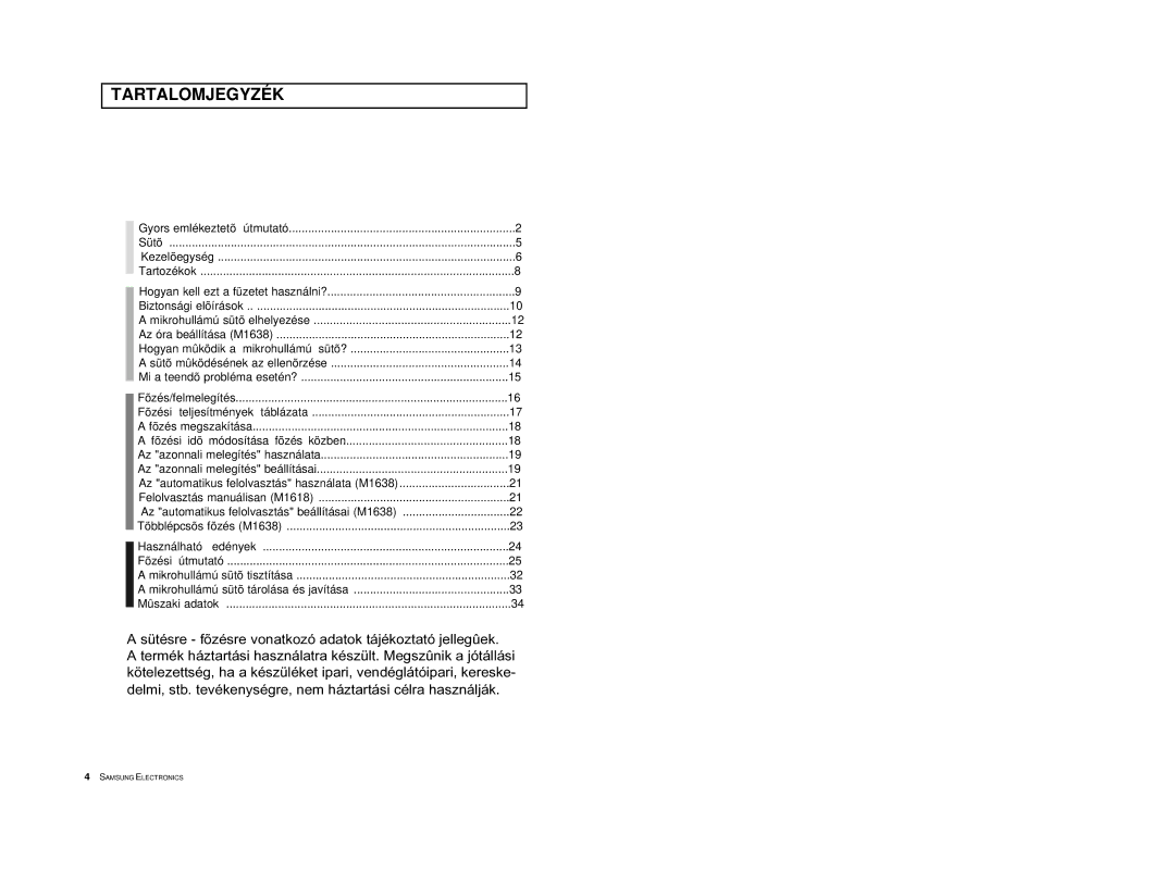 Samsung M1618/XEH manual Tartalomjegyzék 