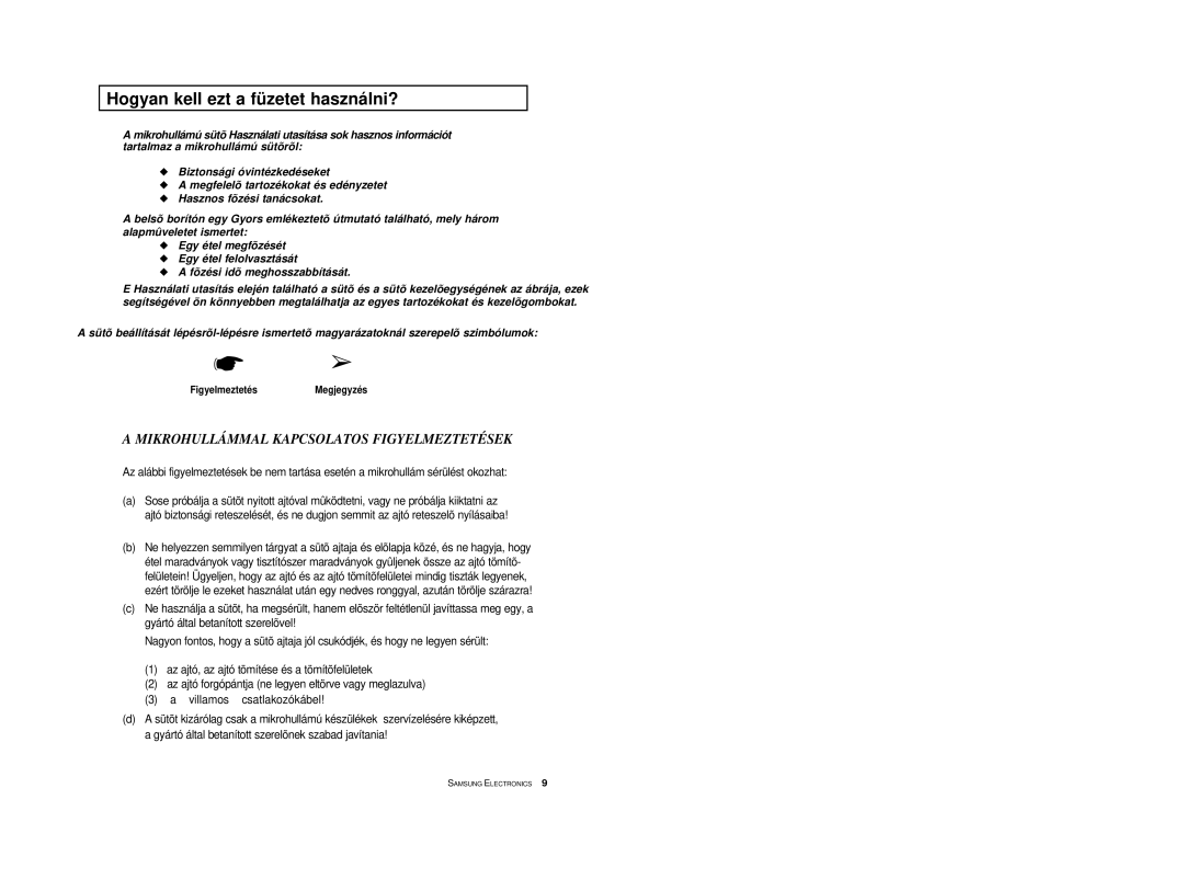 Samsung M1618/XEH manual Hogyan kell ezt a füzetet használni?, FigyelmeztetésMegjegyzés 