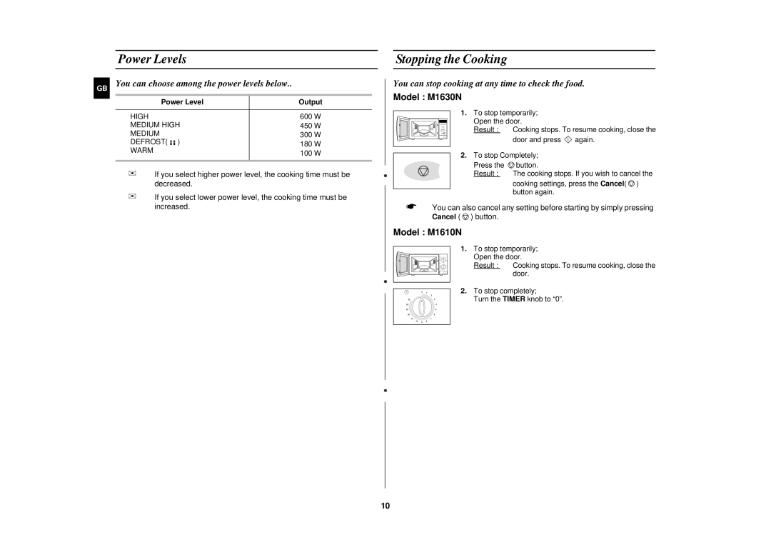 Samsung M1630N, M1610N technical specifications Power Levels, Stopping the Cooking, Power Level Output 