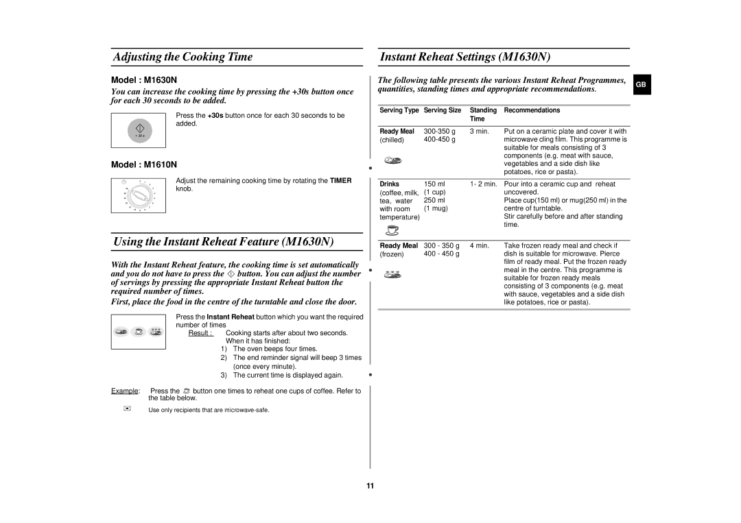 Samsung M1610N Adjusting the Cooking Time Instant Reheat Settings M1630N, Using the Instant Reheat Feature M1630N 