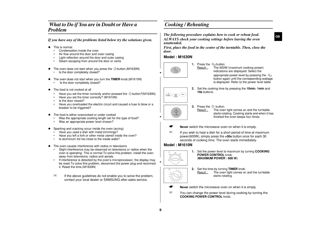 Samsung M1610N, M1630N technical specifications What to Do if You are in Doubt or Have a Problem, Cooking / Reheating 