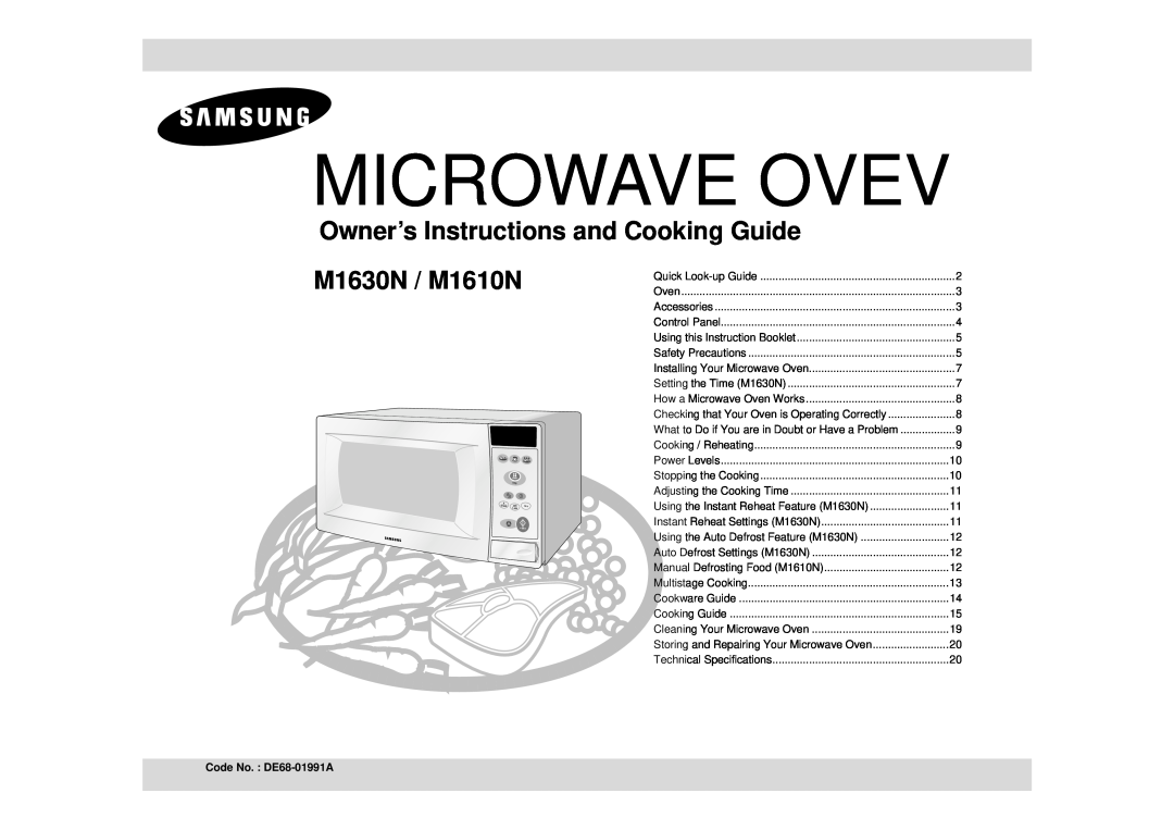Samsung technical specifications Microwave Ovev, Owner’s Instructions and Cooking Guide, M1630N / M1610N 