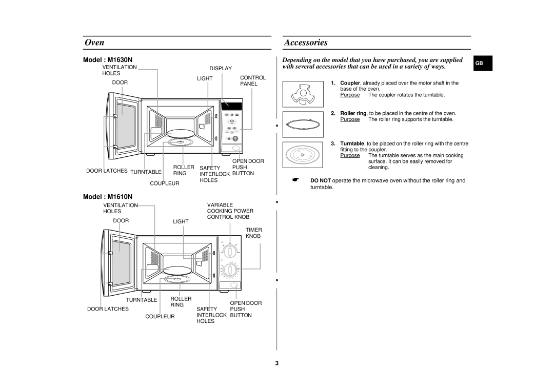 Samsung M1630N/BOL manual Oven, Accessories 