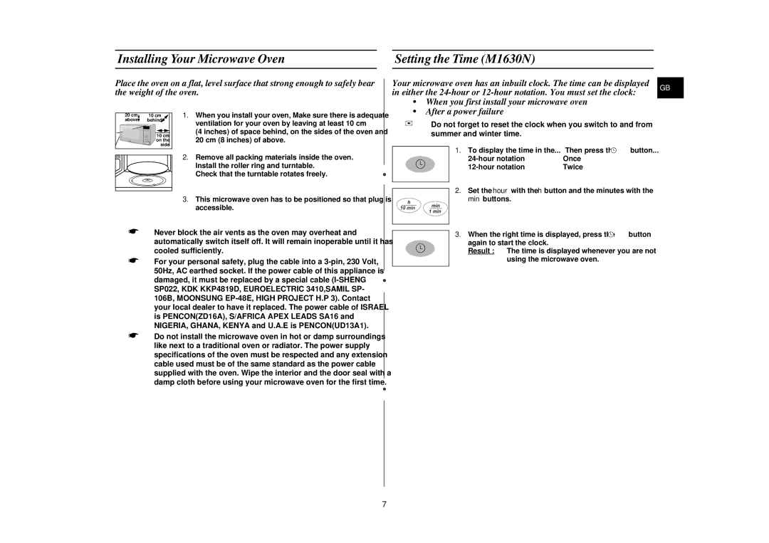 Samsung M1630N/BOL manual Installing Your Microwave Oven Setting the Time M1630N 