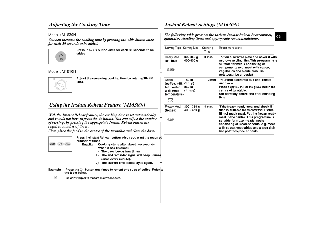 Samsung M1630N/BOL Adjusting the Cooking Time Instant Reheat Settings M1630N, Using the Instant Reheat Feature M1630N 