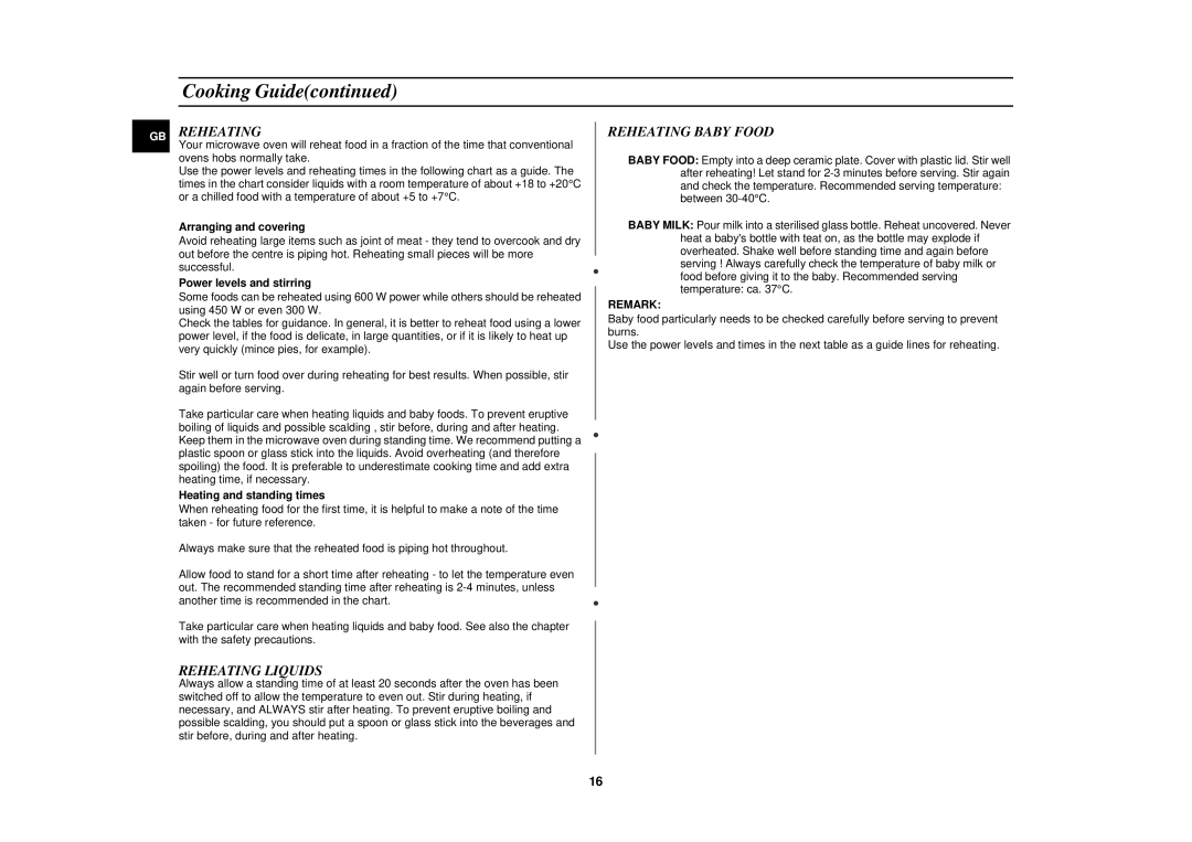 Samsung M1630N/BOL manual Reheating Liquids, Reheating Baby Food 