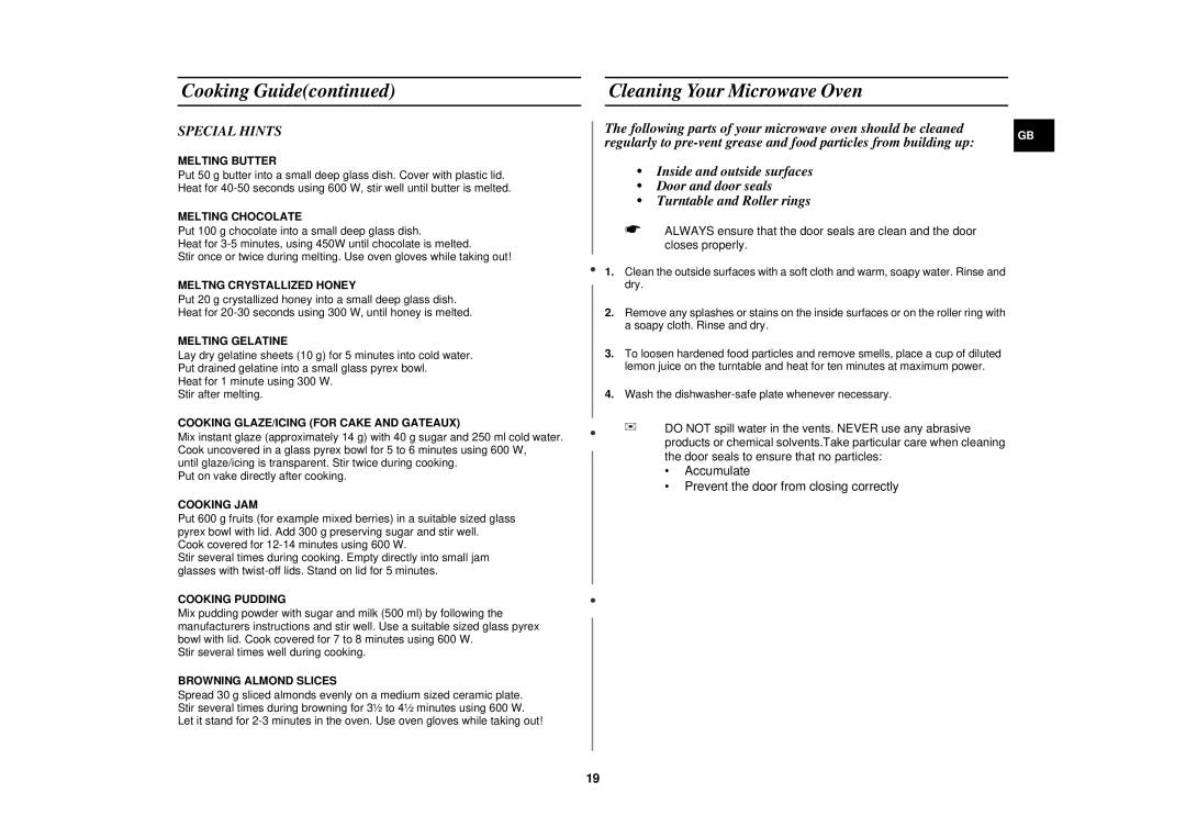 Samsung M1630N/BOL manual Cleaning Your Microwave Oven, Special Hints 