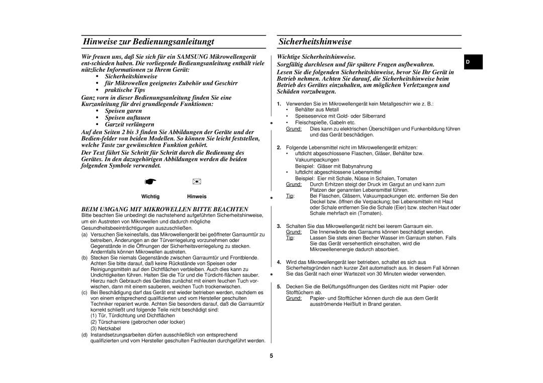 Samsung M1630N/BOL Hinweise zur Bedienungsanleitungt, Sicherheitshinweise, Beim Umgang MIT Mikrowellen Bitte Beachten 