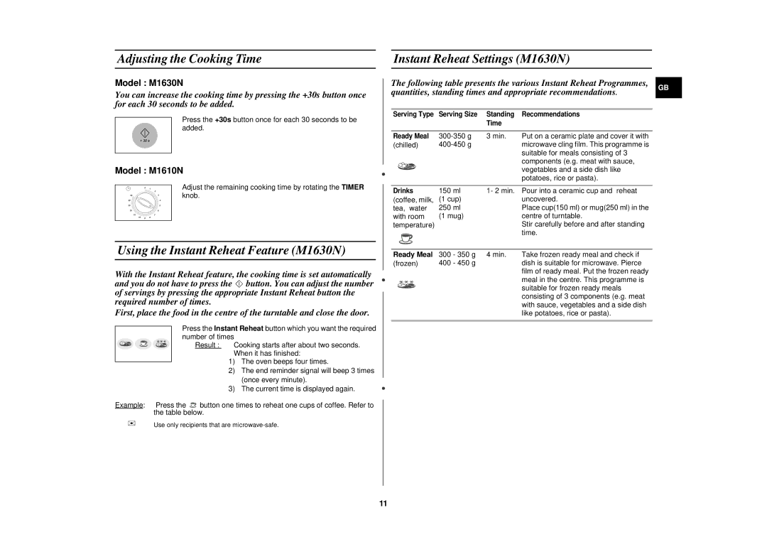 Samsung M1630N/XET Adjusting the Cooking Time Instant Reheat Settings M1630N, Using the Instant Reheat Feature M1630N 