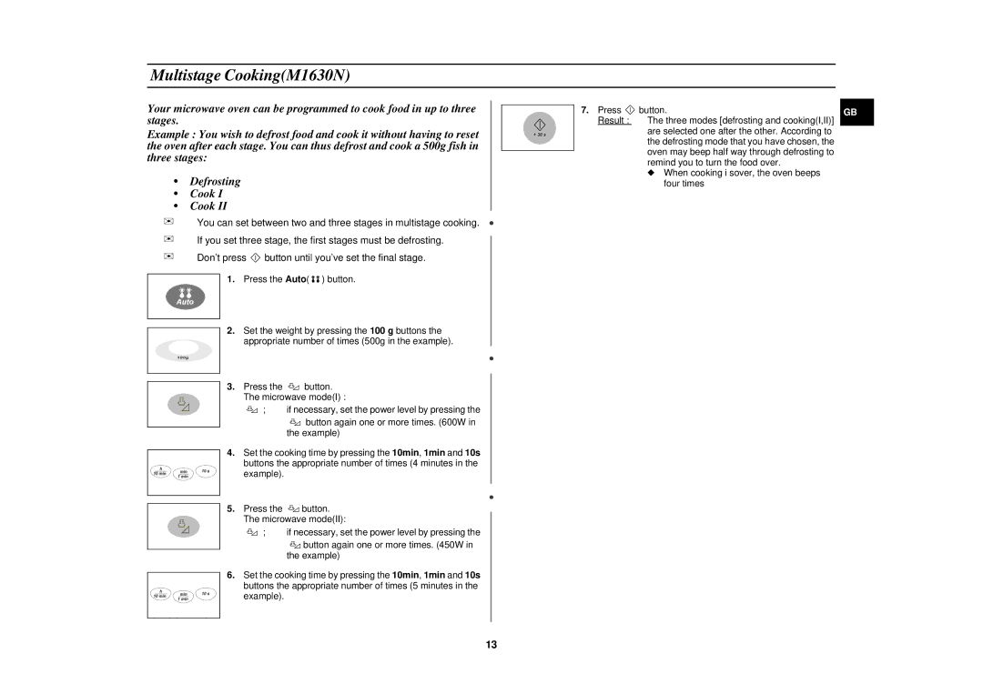 Samsung M1610N/XET, M1630N/XET, M1610N/XEE, M1610N/LIB, M1610N/XEH manual Multistage CookingM1630N, Example Press button 